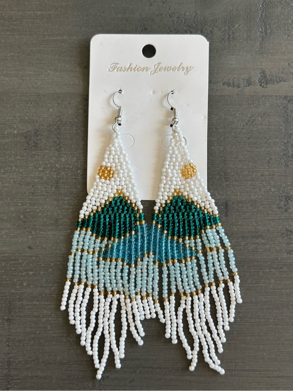 Bohemian Scenic Mountain and Sun Beaded Fringe Earrings